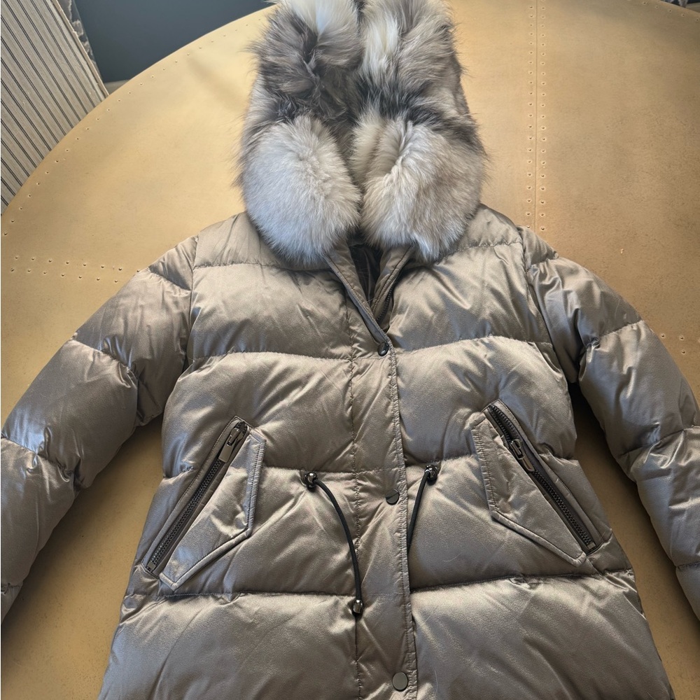 Women's Shimmering Silver Puffer Jacket with Faux Fur Hood